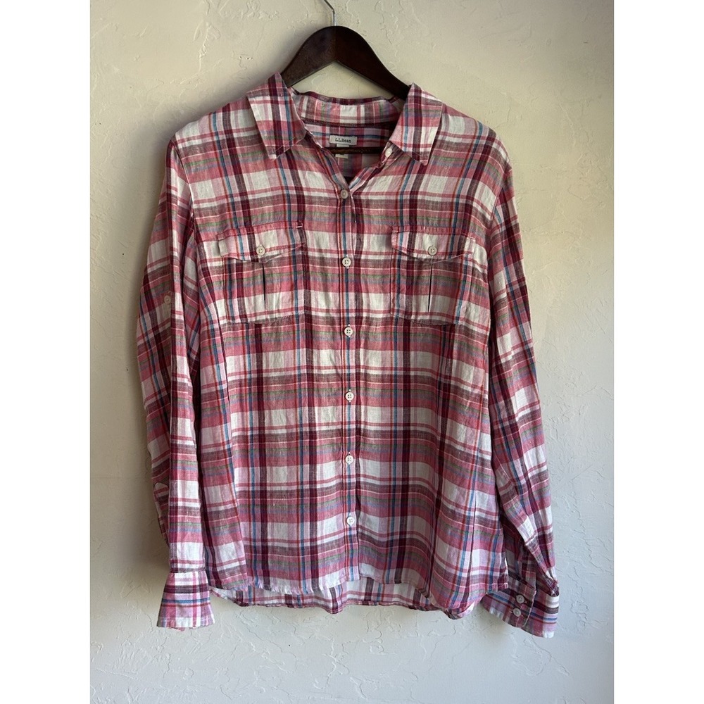 LL Bean 100% Linen Plaid Button Up Top‎ L Classic Relaxed Outdoors